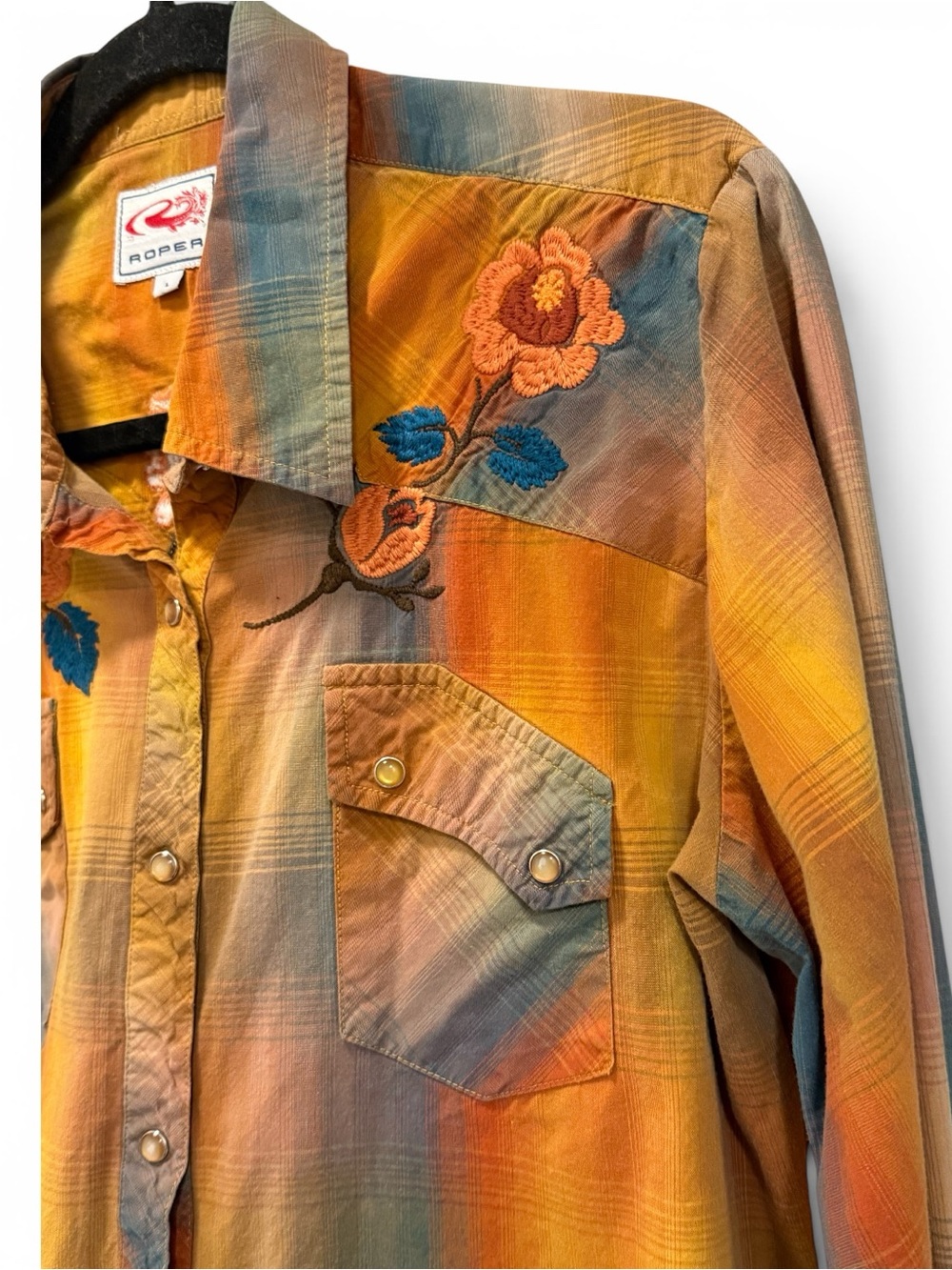 Roper Orange Teal Floral Embroidered Button-Front Shirt